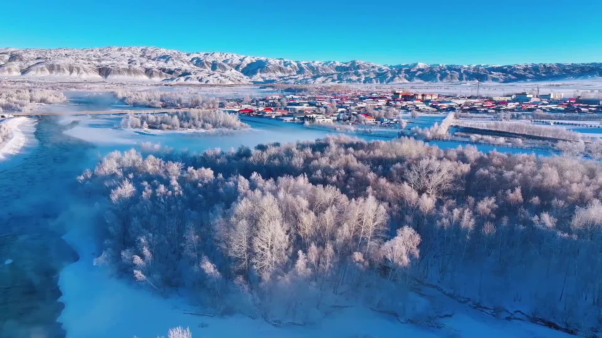 หมอกคลุมแม่น้ำขุนเขา น้ำค้างแข็งเคลือบแมกไม้ กวางป่าเดินย่ำหิมะในซินเจียง