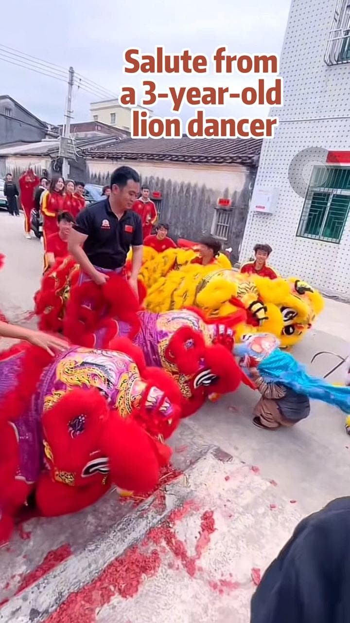 เอ็นดู! นักเชิดสิงโตฟันน้ำนม 3 ขวบ ร่วมโชว์ลีลาโค้งคำนับในกวางตุ้ง