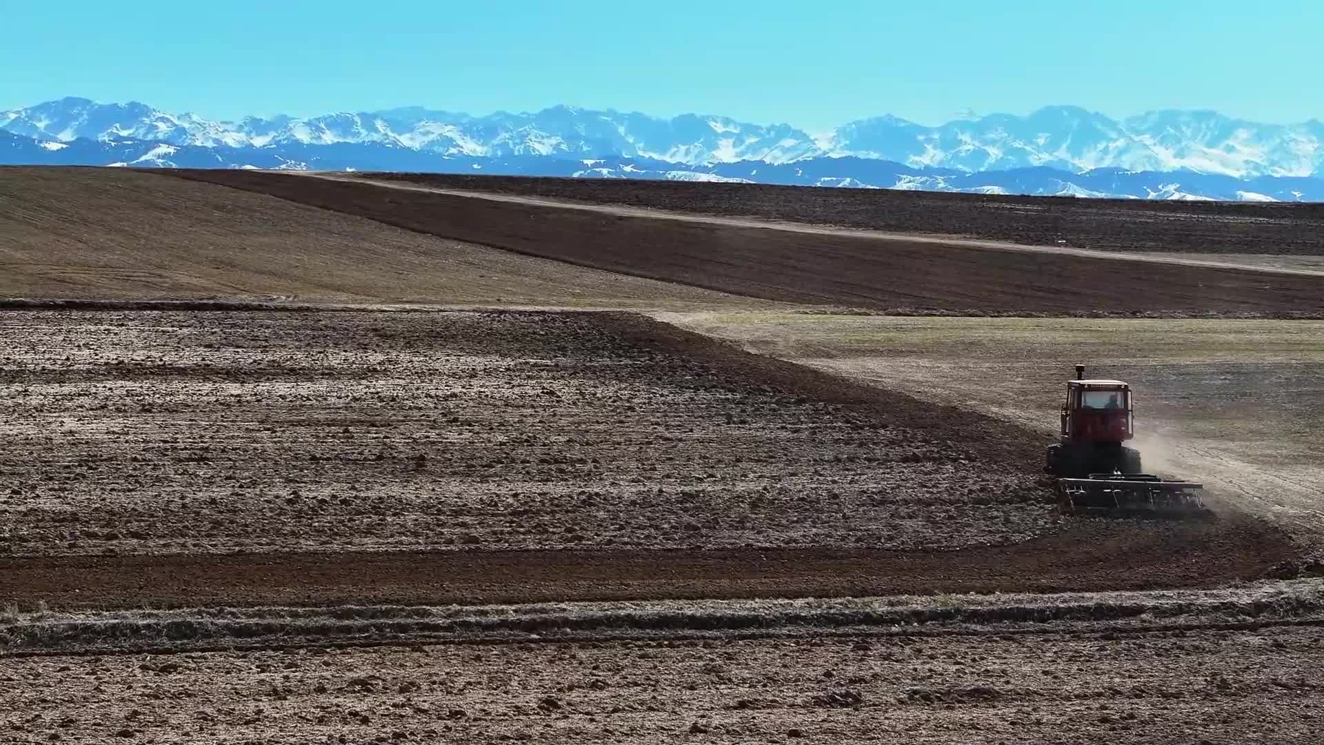 เกษตรกรซินเจียงลุยไถพรวนแปลงปลูกเชิงเขาเทียนซาน