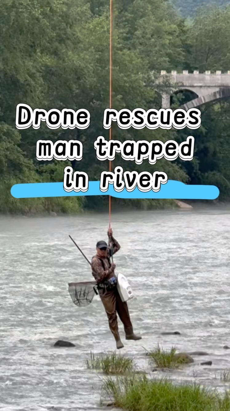 โดรนบินช่วยชีวิตชายติดกลางแม่น้ำไหลเชี่ยวในเจ้อเจียง